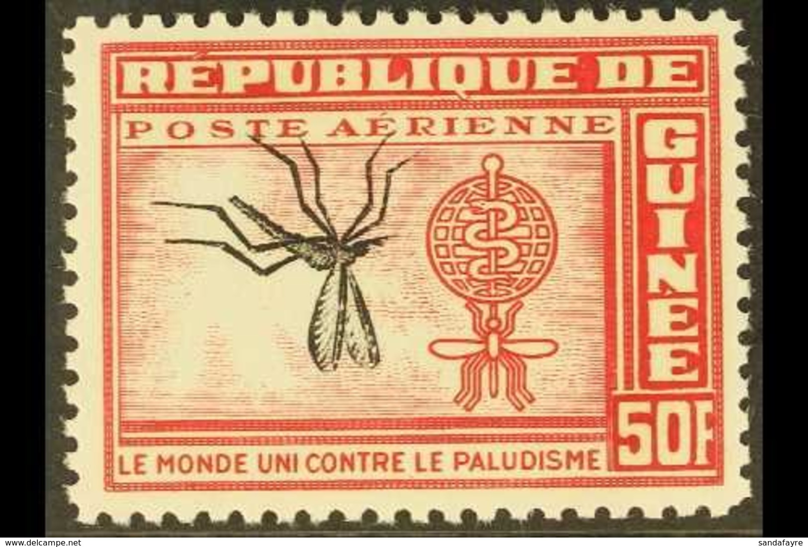 1962 INVERTED CENTRE. 50f Carmine-rose & Black Malaria Eradication With INVERTED CENTRE (MOSQUITO) Variety (as Scott C30 - Guinea (1958-...)