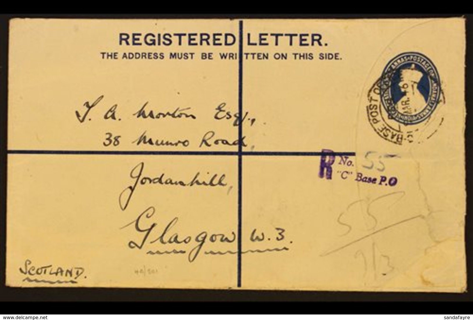 USED IN IRAQ PAIFORCE 1946 3a+1½a Blue Postal Stationery Registered Envelope Addressed To Glasgow, Cancelled By "C - Bas - Other & Unclassified