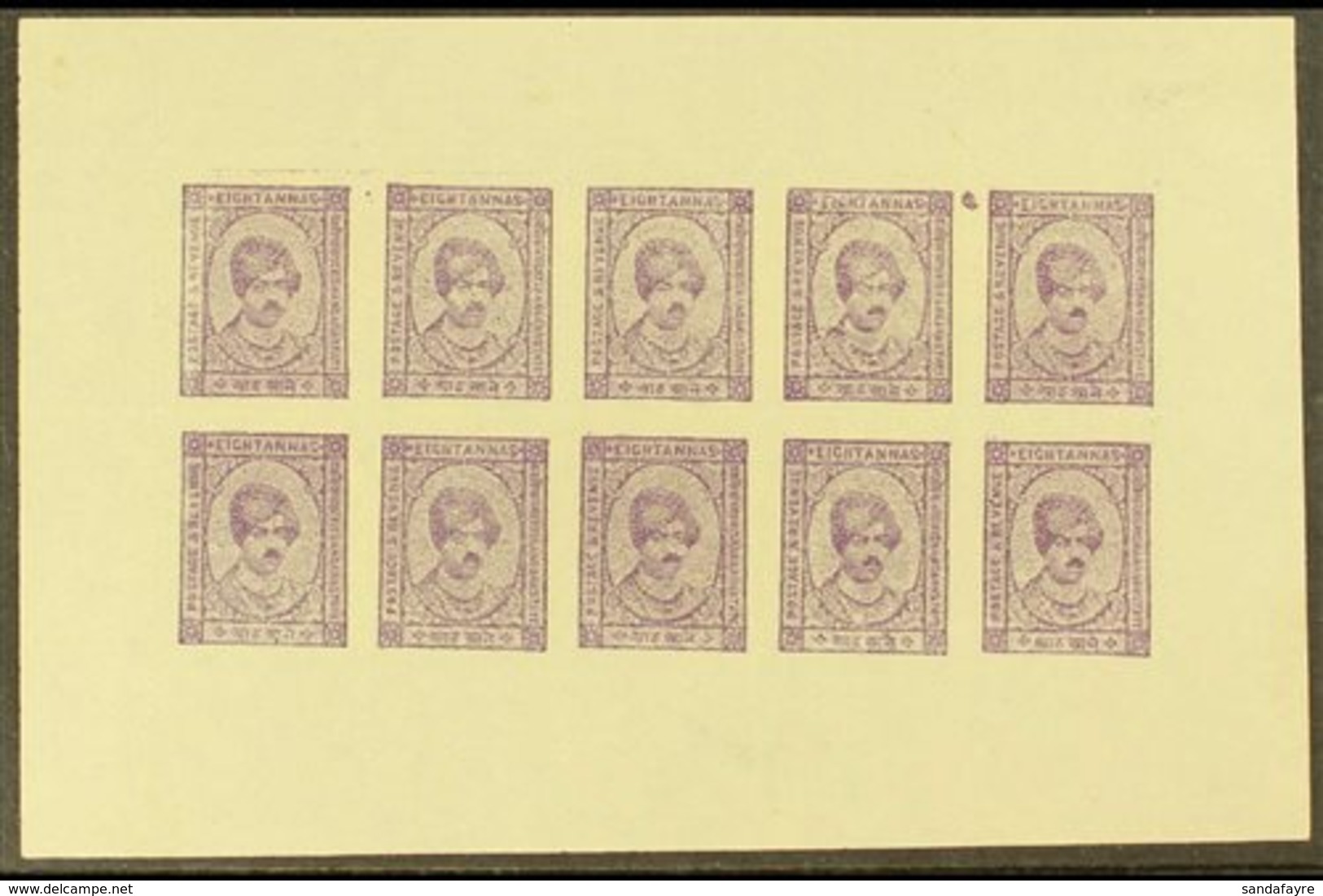 KISHANGARH 1943-7 8a Violet On Unsurfaced Paper, In A COMPLETE SHEETLET OF 10, SG 89, Very Fine, Without Gum As Issued.  - Sonstige & Ohne Zuordnung