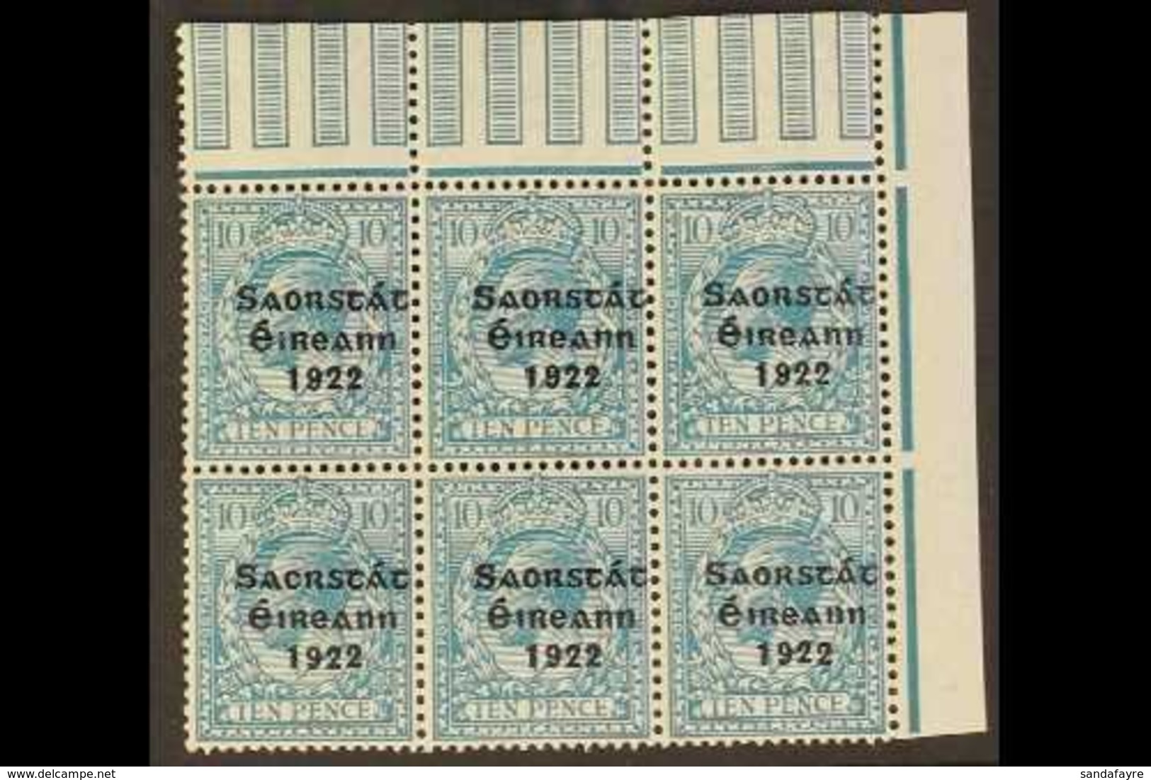 1922-23 10d Turquoise-blue, SG 62, Never Hinged Mint Upper Right Corner BLOCK OF 6 From The Lower Pane, One Stamp Showin - Autres & Non Classés