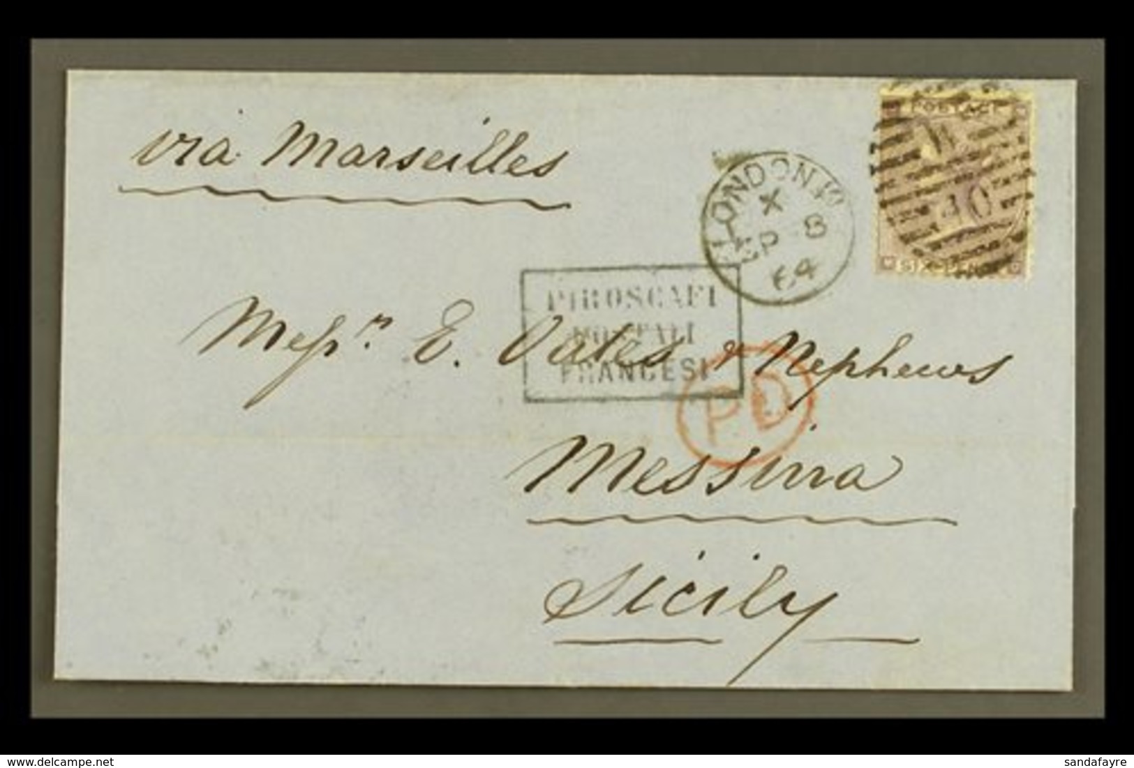 1864 (8 Sept) EL From London To Messina, Endorsed "Via Marseilles" Bearing GB 6d Lilac (SG 84) With Very Fine Strike Of  - Ohne Zuordnung