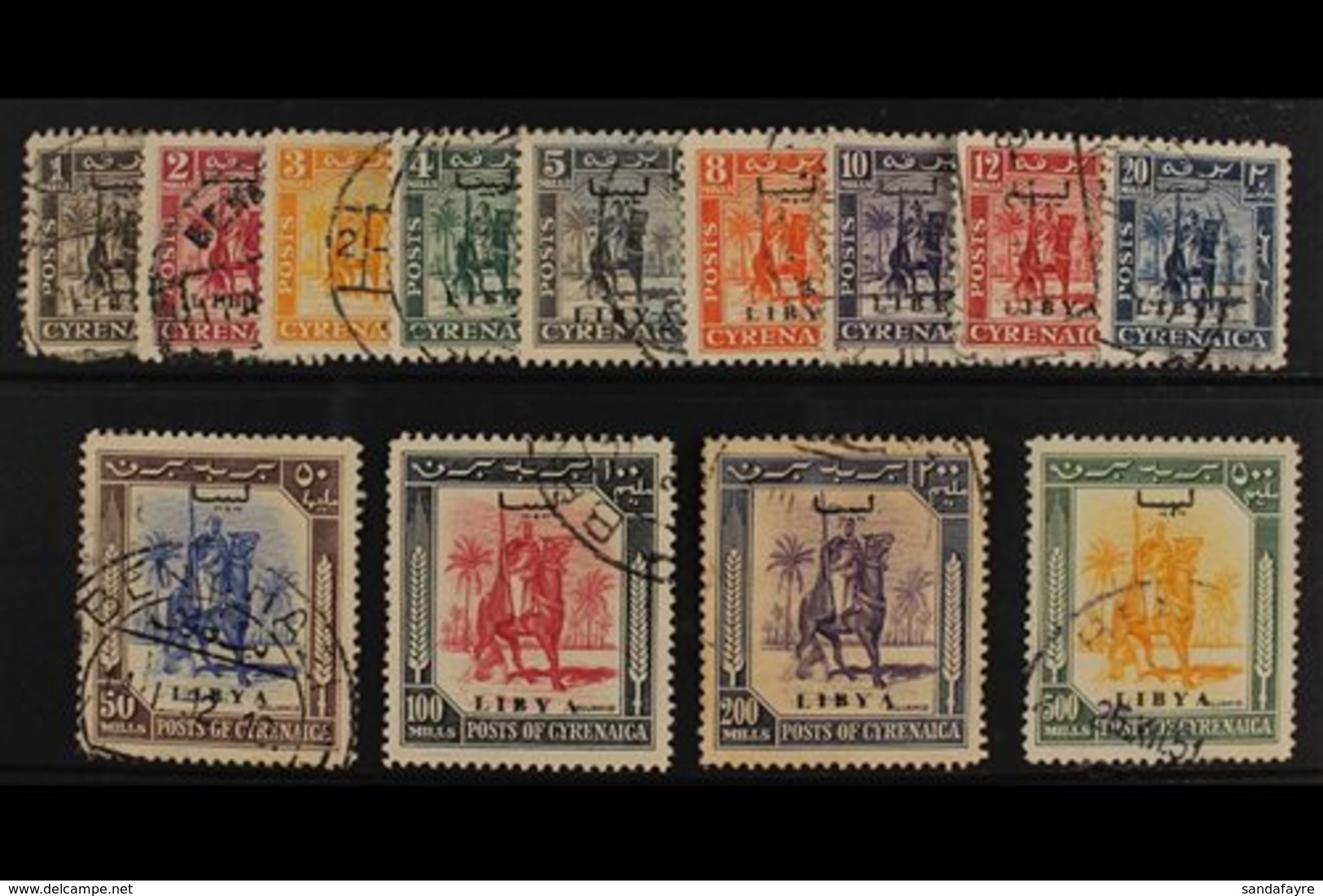 LIBYA 1951 "Horseman" Set Ovpt Libya, Sass S1, Fine To Very Fine Used, Many Scarce Commercial Cancels. (13 Stamps) For M - Sonstige & Ohne Zuordnung