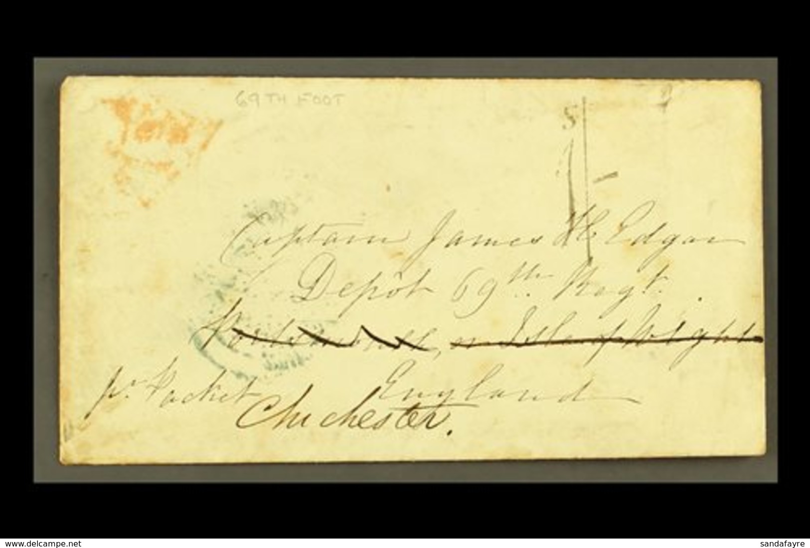 1851 (28 Apr) Cover Addressed To The 69th Regiment Depot, Portsmouth, And Redirected To Chichester, Bearing Fine "1s/-"  - Jamaica (...-1961)