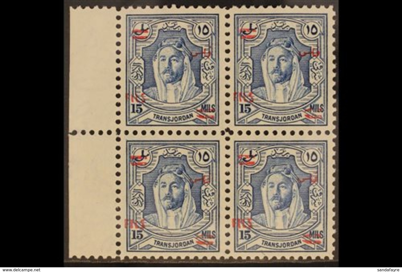 1952 MARGINAL BLOCK. 15f On 15m Ultramarine, Perf 12, SG 324, Never Hinged Mint Marginal Block Of 4. (1 Block Of 4) For  - Jordanien