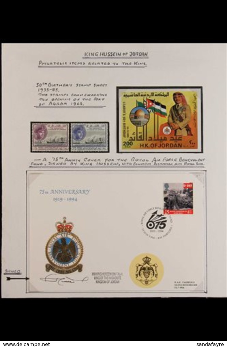 1994 KING HUSSEIN SIGNED An Exhibition Page Bearing A Couple Of Stamps, A Miniature Sheet & A 1994 Illustrated 75th Anni - Jordanien
