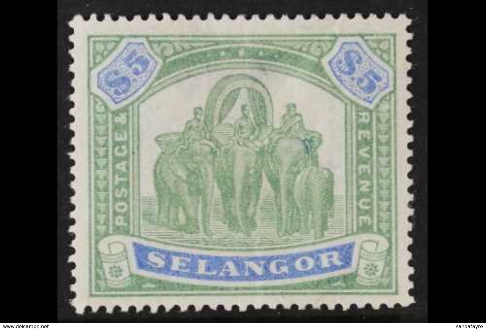 SELANGOR 1895-99 $5 Green And Blue Elephants, SG 64, Unused Without Gum, Fresh Colours, Thin Spot. For More Images, Plea - Sonstige & Ohne Zuordnung