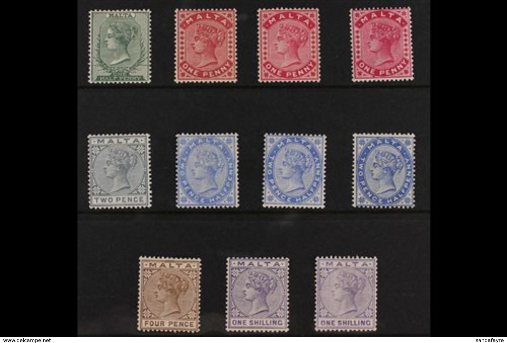 1885-90 Queen Victoria Set Complete With All Listed Shades, SG 2029, Includes ½d, 1d Rose, 1d Carmine (shades), 2d, 2½d  - Malta (...-1964)