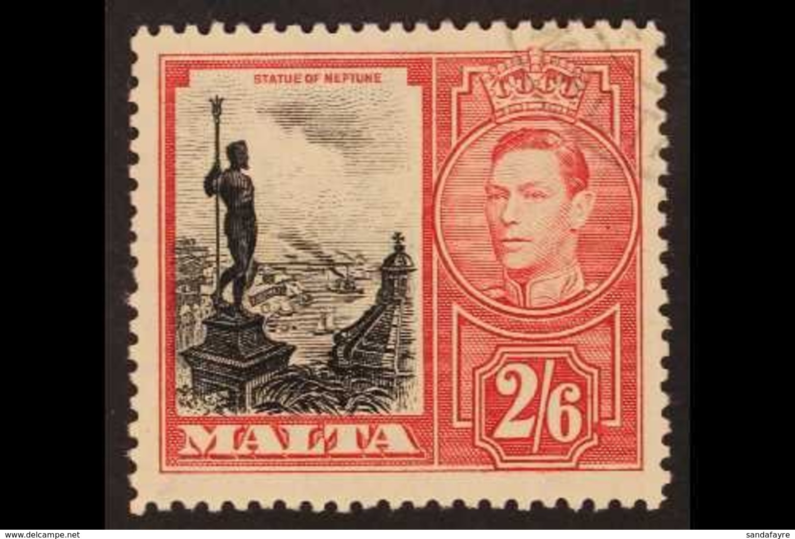 1938 2s 6d Black And Scarlet, Neptune, Variety "Damaged Value Tablet", SG 229a, Very Fine Used. RPS Cert. For More Image - Malta (...-1964)
