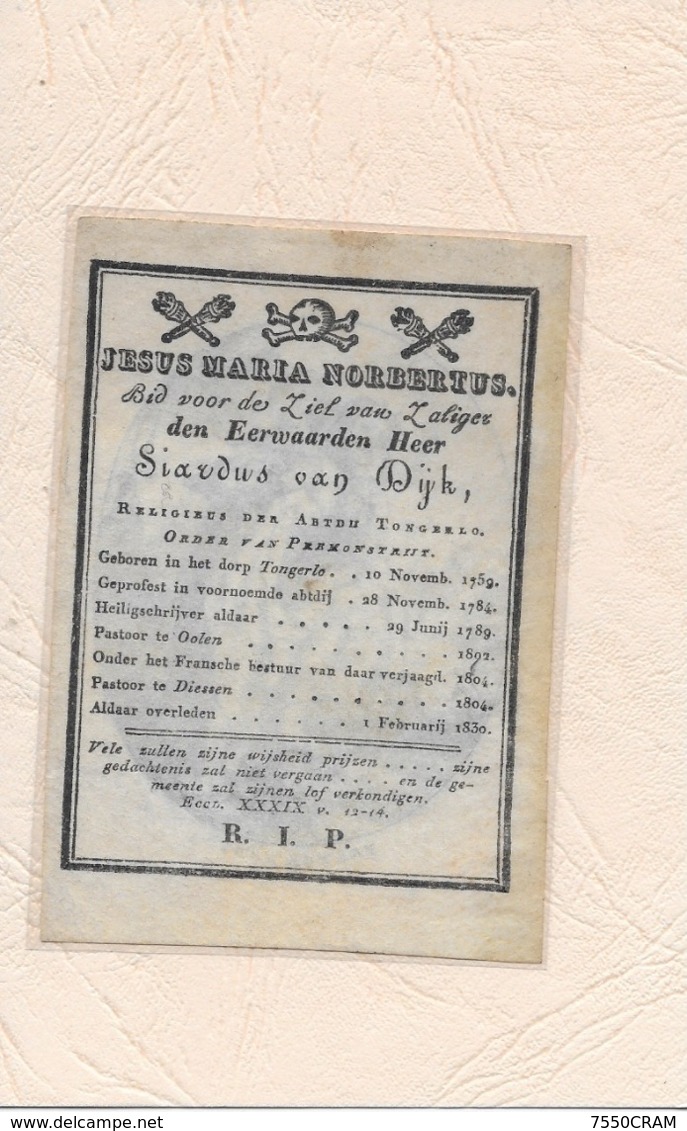 SIARDUS VAN DIJK :  OVERLEDEN 1830-PASTOOR-PRIESTER-TONGERLO-OLEN-DIESSEN-ABDIJ TONGERLOO - Obituary Notices