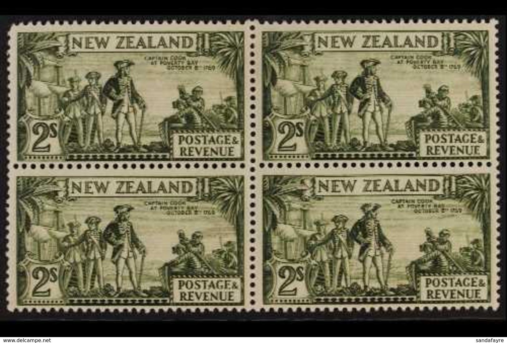 1935-36 2s Olive-green Captain Cook Perf 13½x14, SG 568c, Fine Mint BLOCK Of 4, Two Stamps Are Never Hinged, Fresh & Sca - Sonstige & Ohne Zuordnung