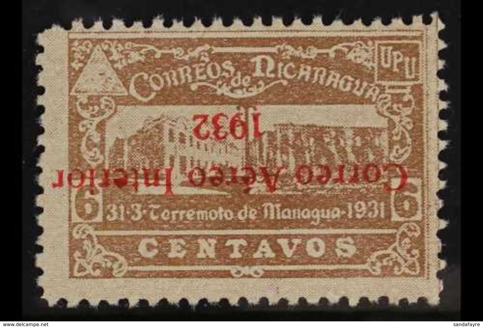 1932 6c Grey-brown Air With INVERTED OVERPRINT Variety (Scott C37a, SG 699a), Fine Unhinged Unused No Gum As Issued, Ver - Nicaragua