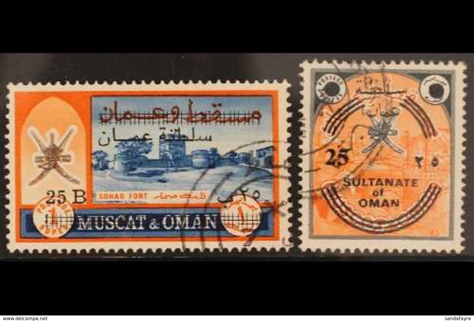 1972 25b On 1r And 25b On 40b Surcharge Pair, SG 144/5, Very Fine Used. (2 Stamps) For More Images, Please Visit Http:// - Oman
