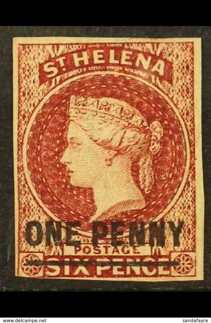 1863 1d Lake With Surcharge Type A, SG 3, Very Fine Unused With 3+ Margins, Just Touching At Lower Left For More Images, - St. Helena