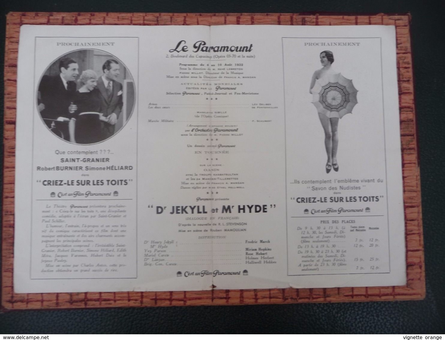 Programme En 1932 Paramount Dr JEKYLL Et Mr HYDE / CRIEZ-LE SUR LES TOITS - Magazines