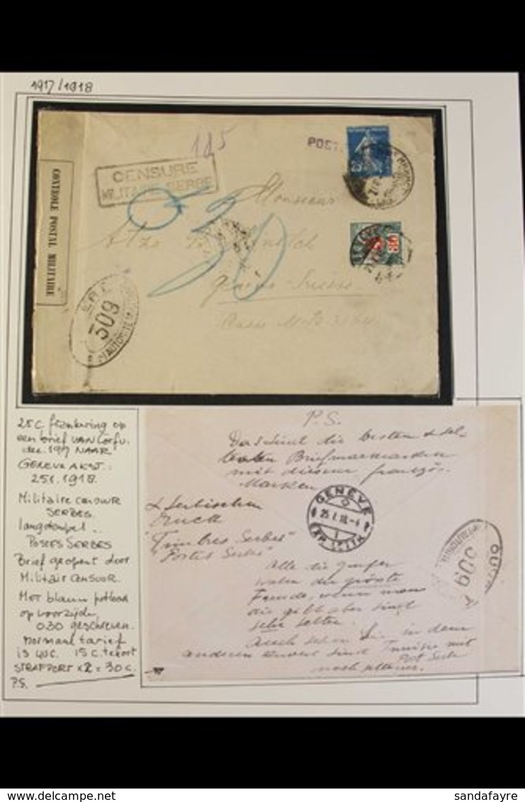 1918 (Jan) Censored Cover Addressed To Switzerland, Bearing France 25c Stamp Tied By "POSTES SERBES" Handstamp And Cyril - Serbien