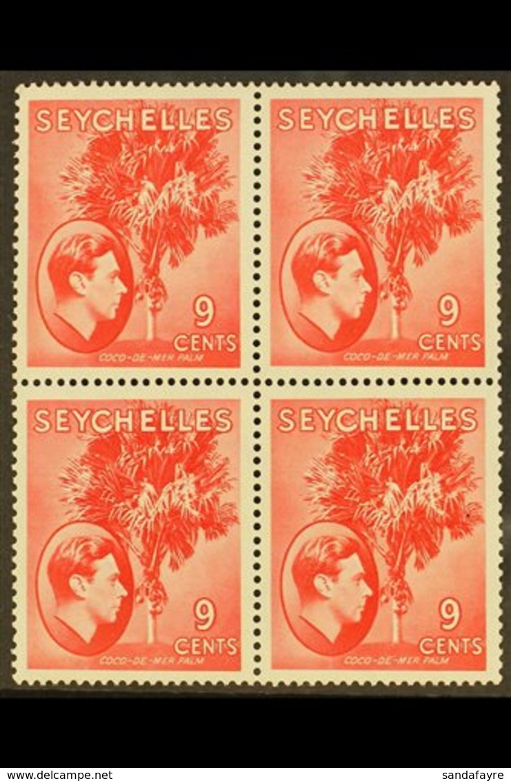 1938-49 NHM MULTIPLE 9c Scarlet On Chalky Paper, SG 138, Block Of 4, Never Hinged Mint. Lovely, Post Office Fresh Condit - Seychelles (...-1976)