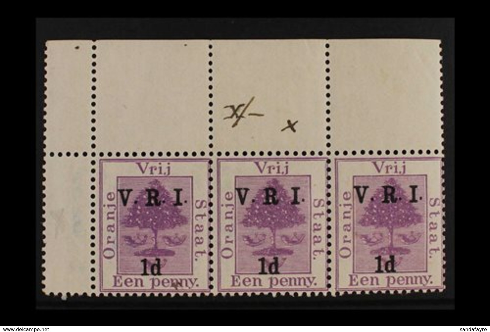 ORANGE FREE STATE 1900 1d On 1d Purple, Raised Stops, Top Corner Marginal Strip Of 3, One Showing The Variety "no Stop A - Ohne Zuordnung