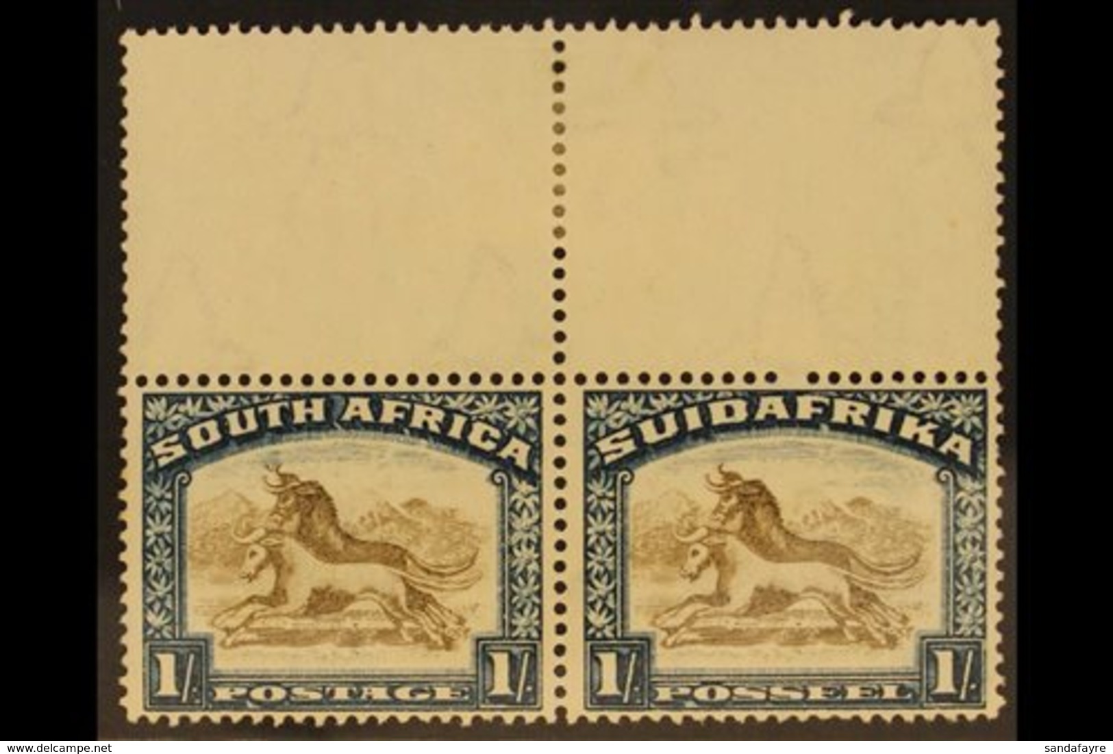 1930-44 VARIETY. 1s Brown & Deep Blue, "Twisted Horn" Variety, Wmk Inverted, SG 48cw, Upper Marginal Pair, The Stamps Be - Ohne Zuordnung
