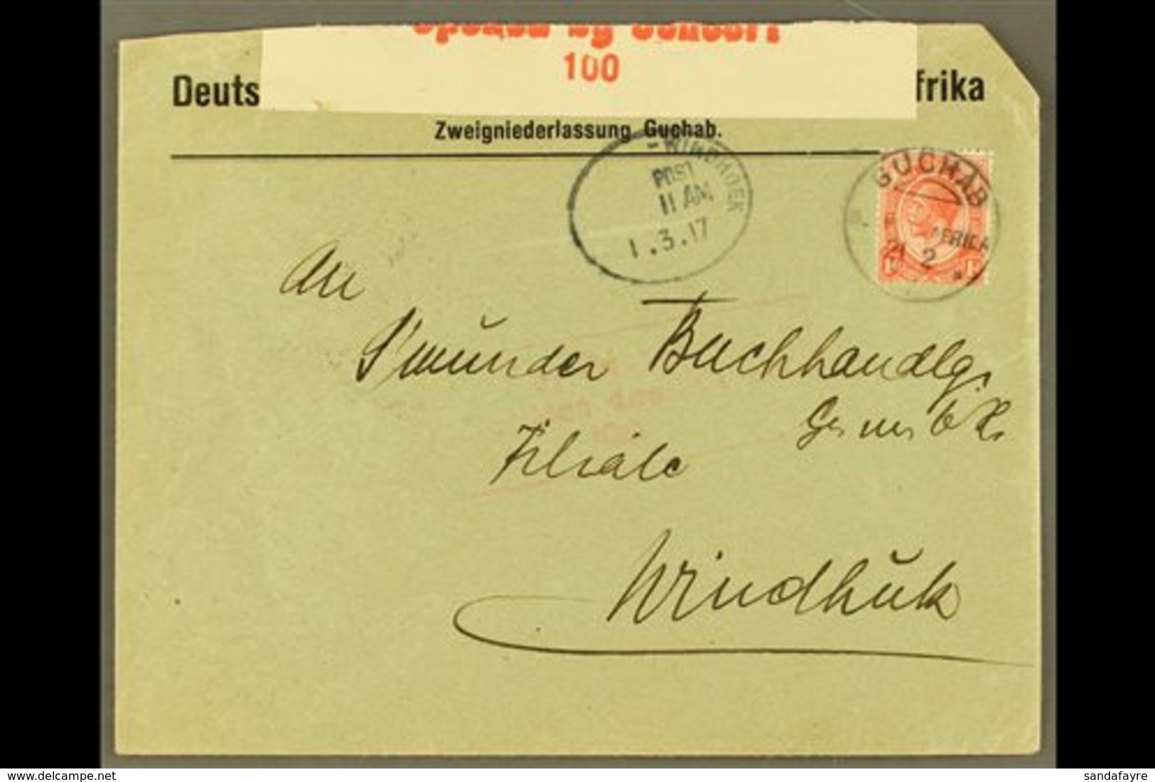 1917 (21 FEB) Censored Cover To Windhuk Bearing 1d Union Stamp Tied By "GUCHAB" Cds Cancel, Putzel Type B1b Oc (with No  - Südwestafrika (1923-1990)