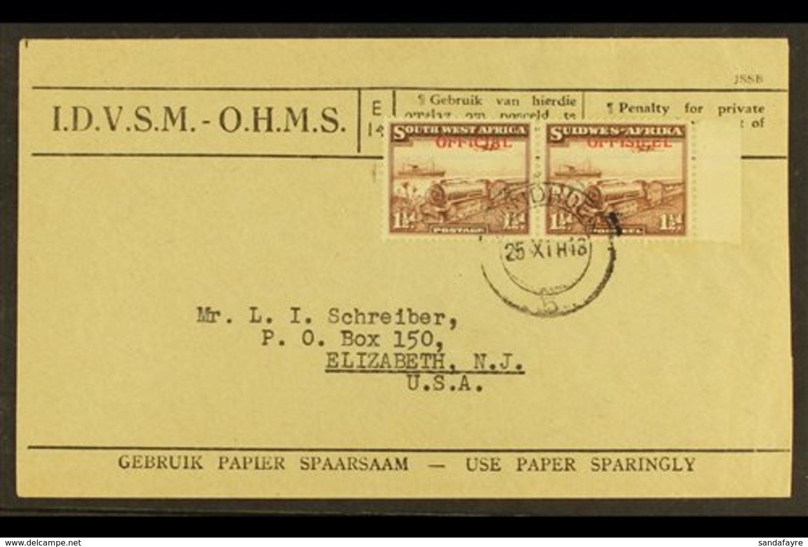 OFFICIALS 1945 - 50 1½d Purple Brown, SG O20, Bi-lingual Pair Superb Used On OHMS Cover To USA. Rare Franking!  For More - Südwestafrika (1923-1990)