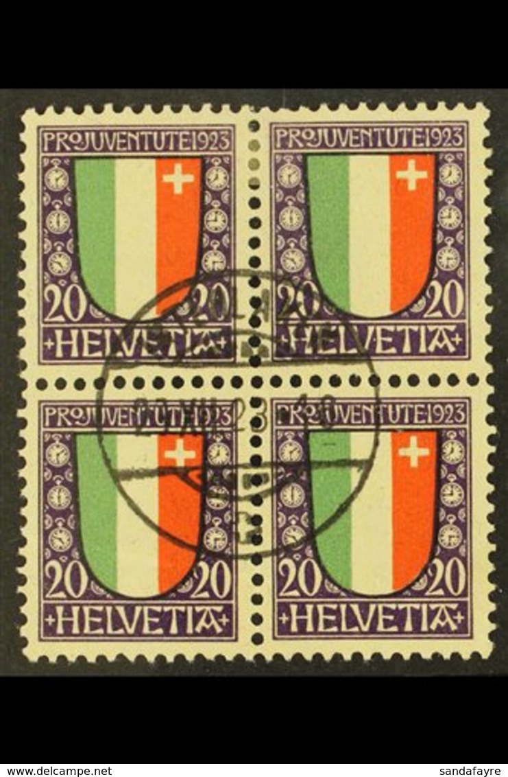 1923 20c (+5c) Pro Juventute (Mi 187, Zum 27), BLOCK OF FOUR Very Fine Used With Central Cds. For More Images, Please Vi - Sonstige & Ohne Zuordnung