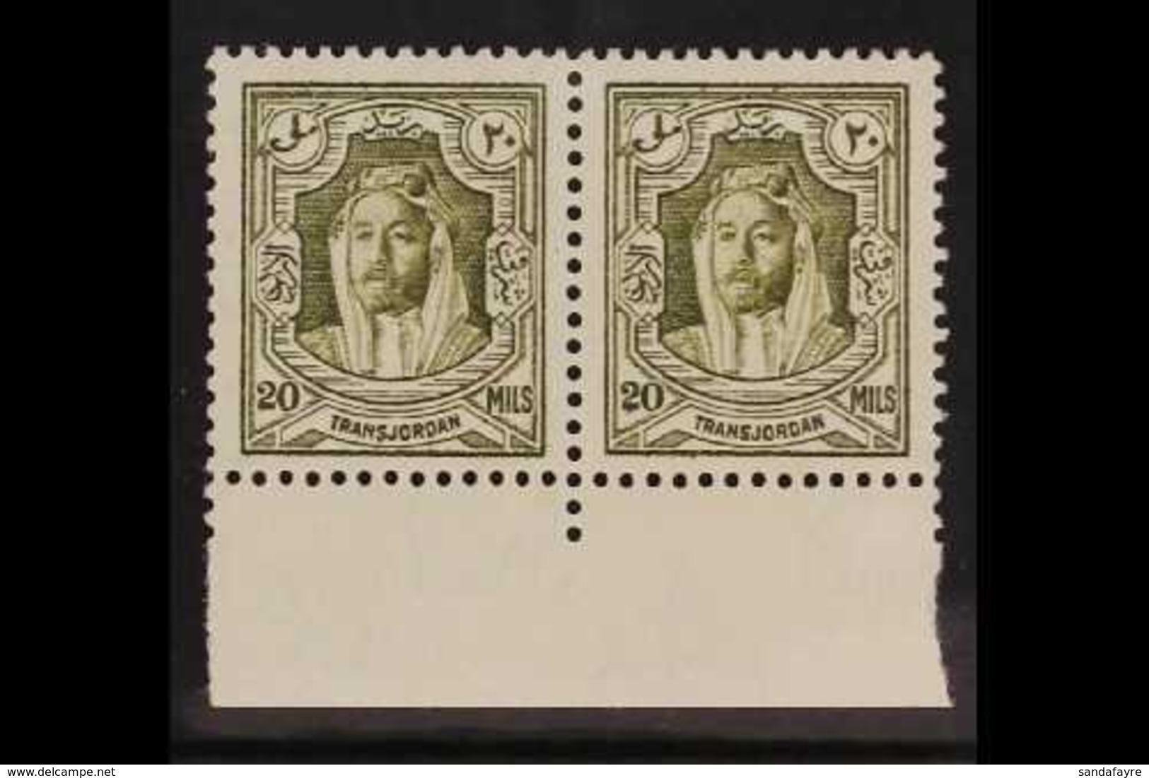 1930-39 20m Olive-green, Perf 13½ X 13, Lower Marginal Horizontal Pair, Never Hinged Mint. For More Images, Please Visit - Jordanien
