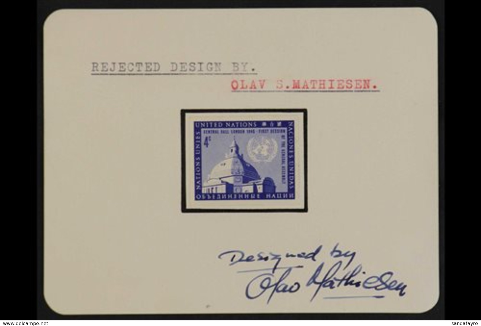 1958 U.N. General Assembly Buildings Issue UNADOPTED ESSAY Of A 4c Ultramarine Design Imperforate & Printed By Photograv - Sonstige & Ohne Zuordnung