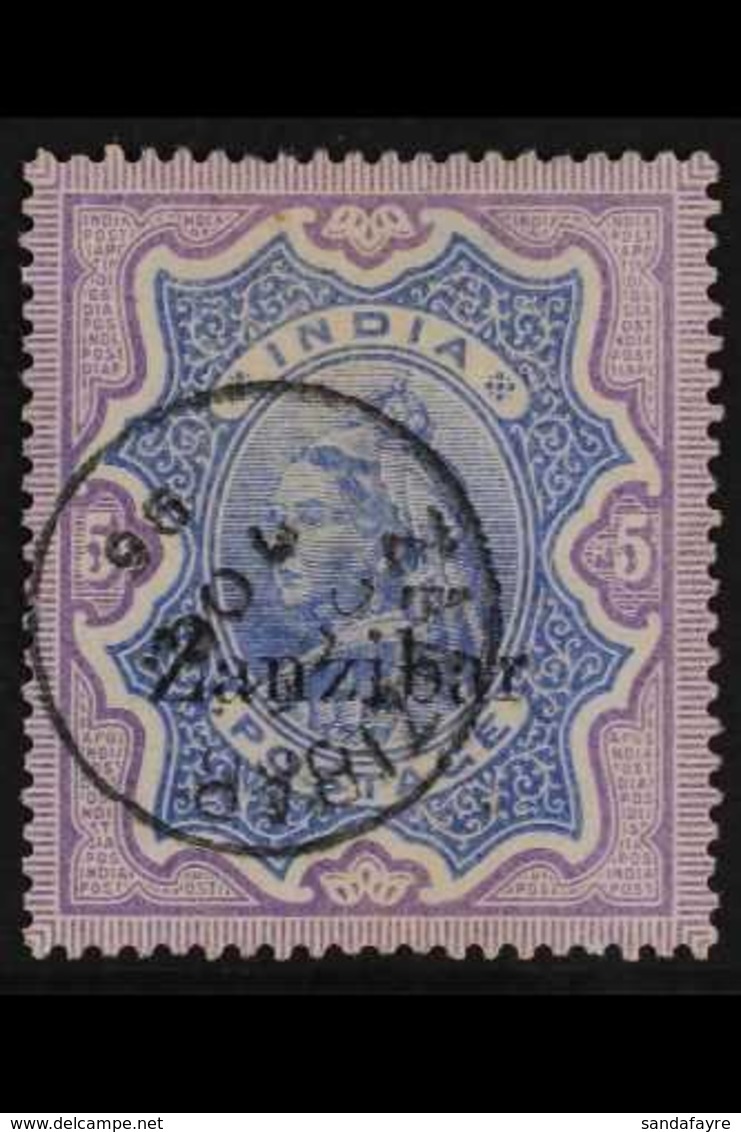 1895-96 5r Ultramarine And Violet Of India With "Zanzibar" Overprint In Black, SG 21, Very Fine Used. For More Images, P - Zanzibar (...-1963)