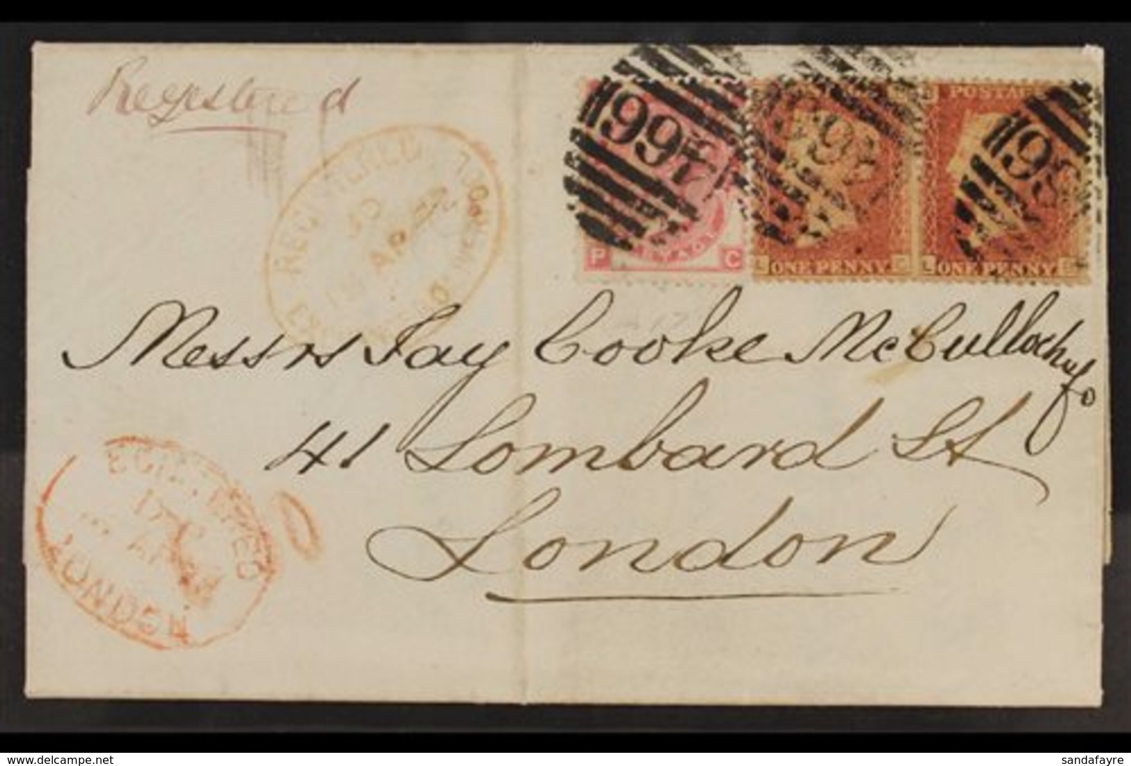 1872 (15 Apr) Registered Entire From Liverpool To London, Franked 1858 1d Pl.123 PAIR And 1867 3d Rose Pl.7, Each Tied " - Other & Unclassified