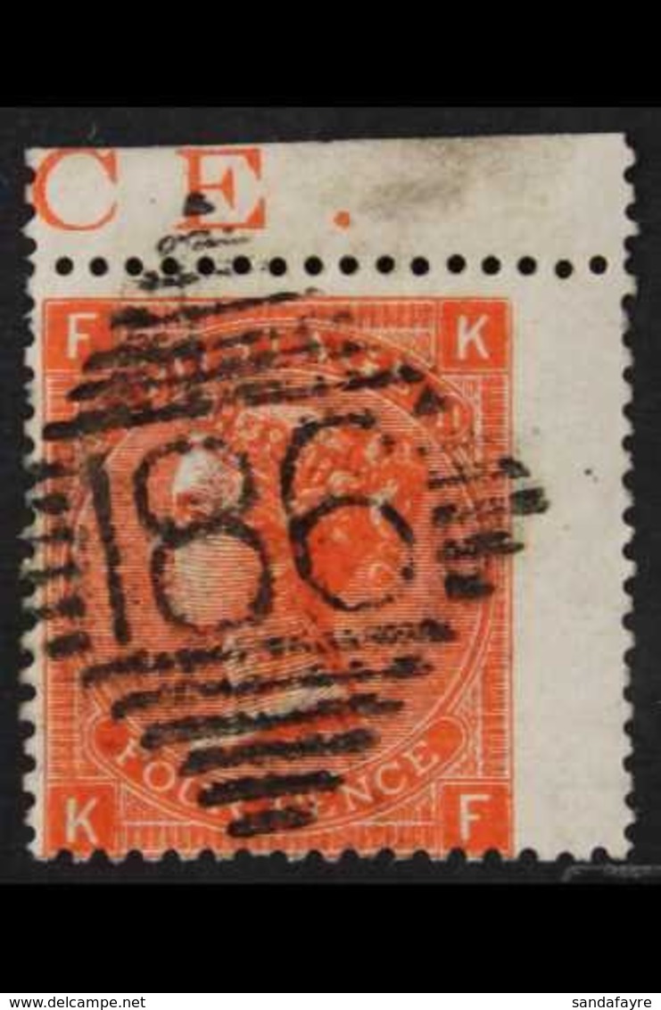 1865-67 4d Deep Vermilion Plate 11, SG 95, Upper Right Corner Example, With Crisp Central Irish "186" Of Dublin, Very Pr - Other & Unclassified