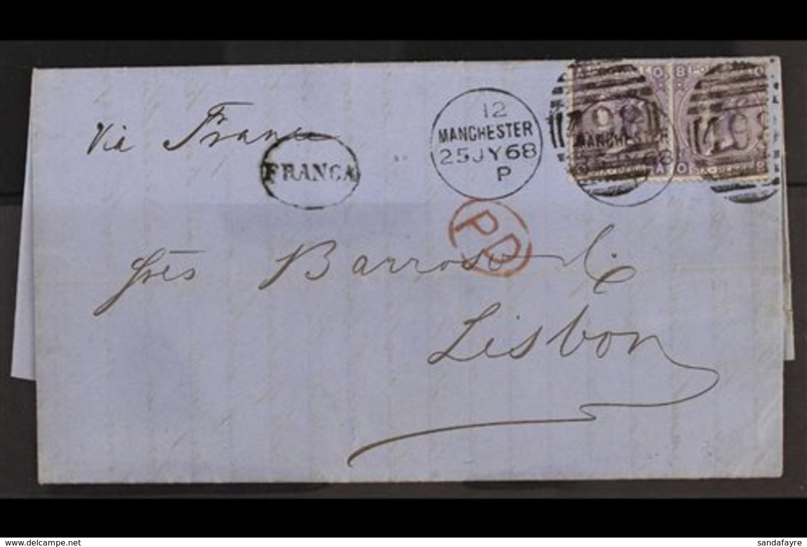 1868 (25th July) E/L To Lisbon Bearing A 6d Lilac, Plate 6 Pair, SG 104, Manchester Duplex Cancels, Clean & Fine. Cat £2 - Sonstige & Ohne Zuordnung