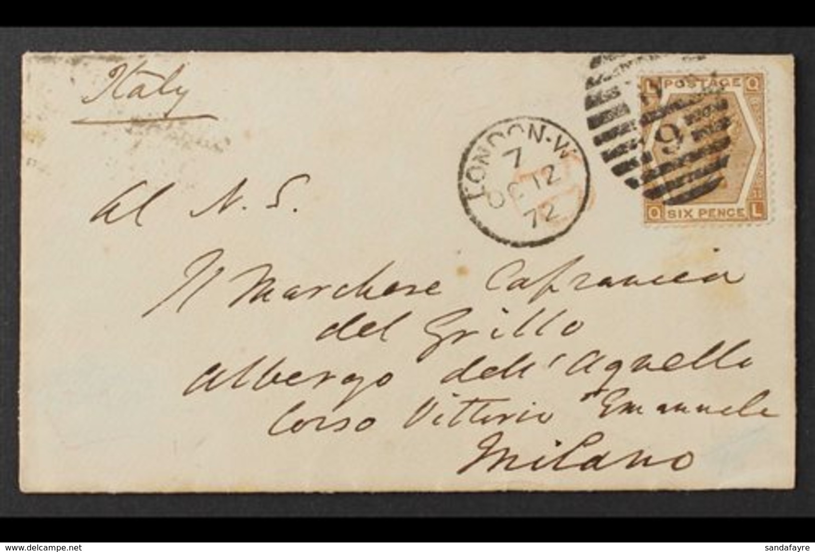 1872 (Oct) A Neat Envelope London To Milan, Bearing 6d Deep Chestnut Tied By Duplex, Arrival Cds On Reverse. For More Im - Other & Unclassified