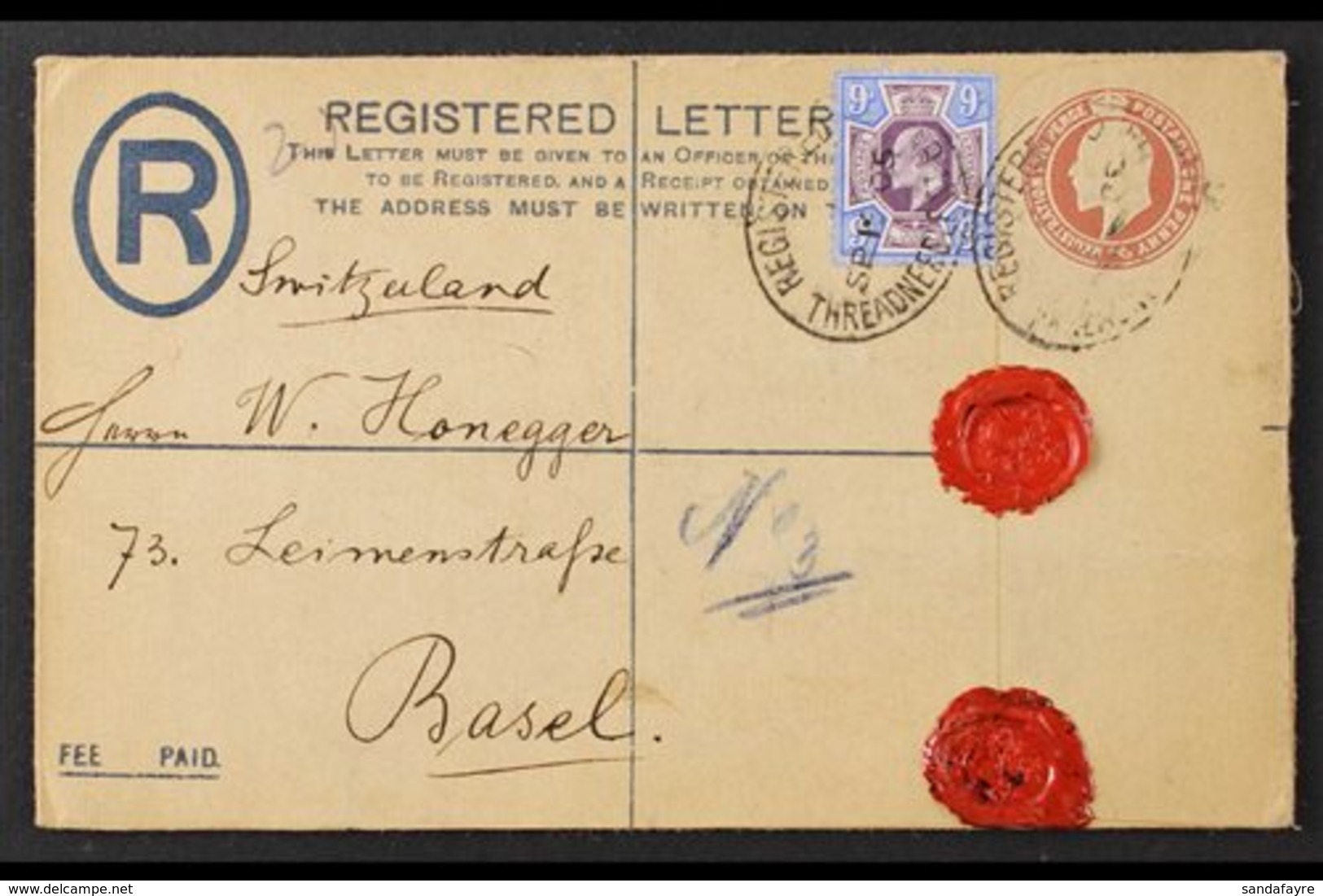 1905-06 An Attractive Trio Of Registered Stationery Envelopes To Switzerland, Bearing 9d, 1½d + 5d, Or 6d + ½d Each Tied - Ohne Zuordnung