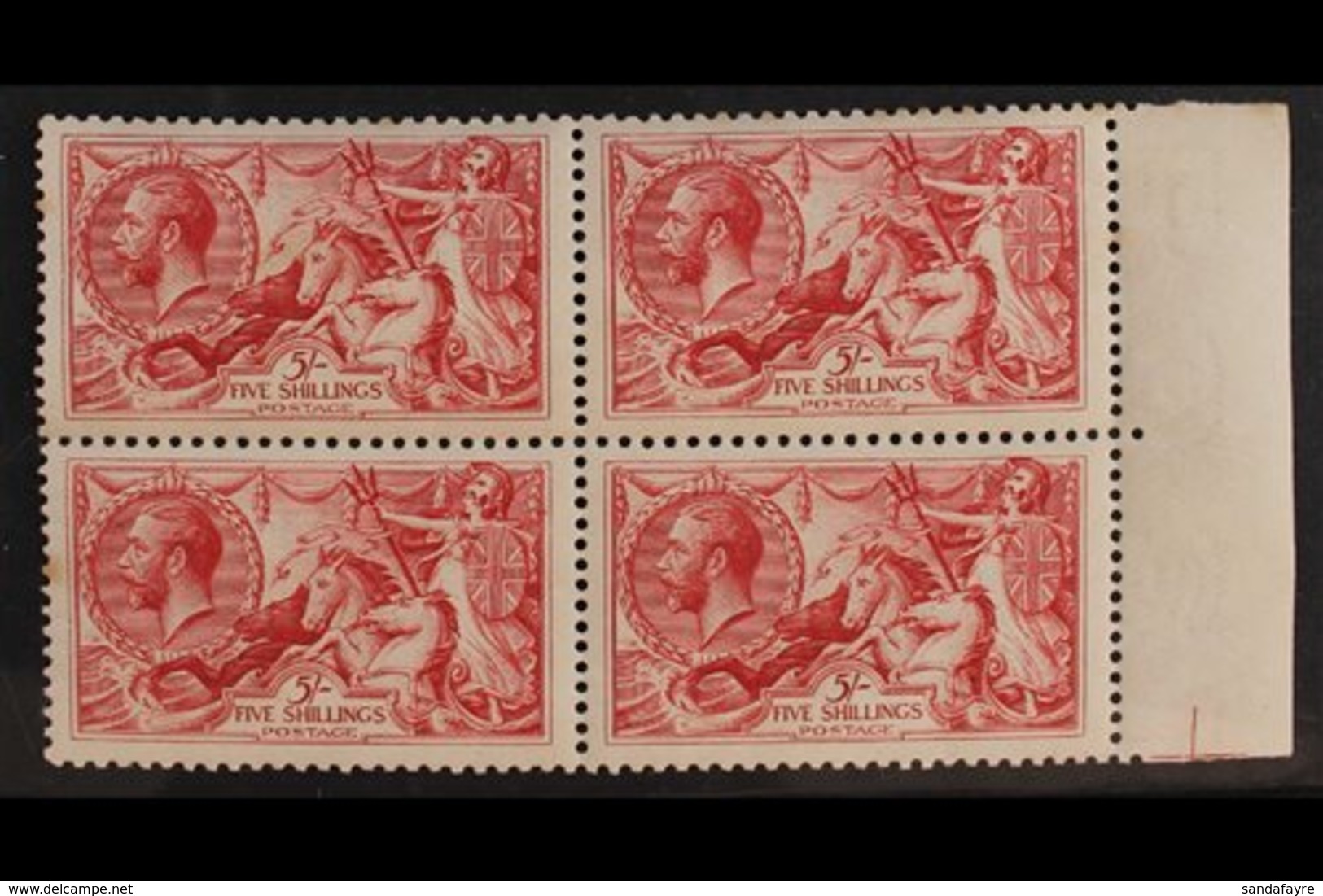 1918-19 5s Rose-red Bradbury Seahorse, SG 416, Never Hinged BLOCK OF FOUR From The Right Side Of The Sheet, Three Stamps - Ohne Zuordnung