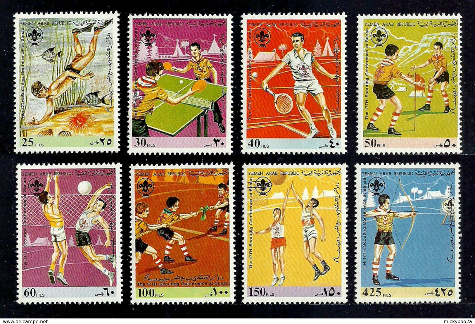 YEMEN 1988 BOY SCOUTS SPORT ARCHERY SCUBA BASKETBALL SET & M/SHEET MNH - Yemen