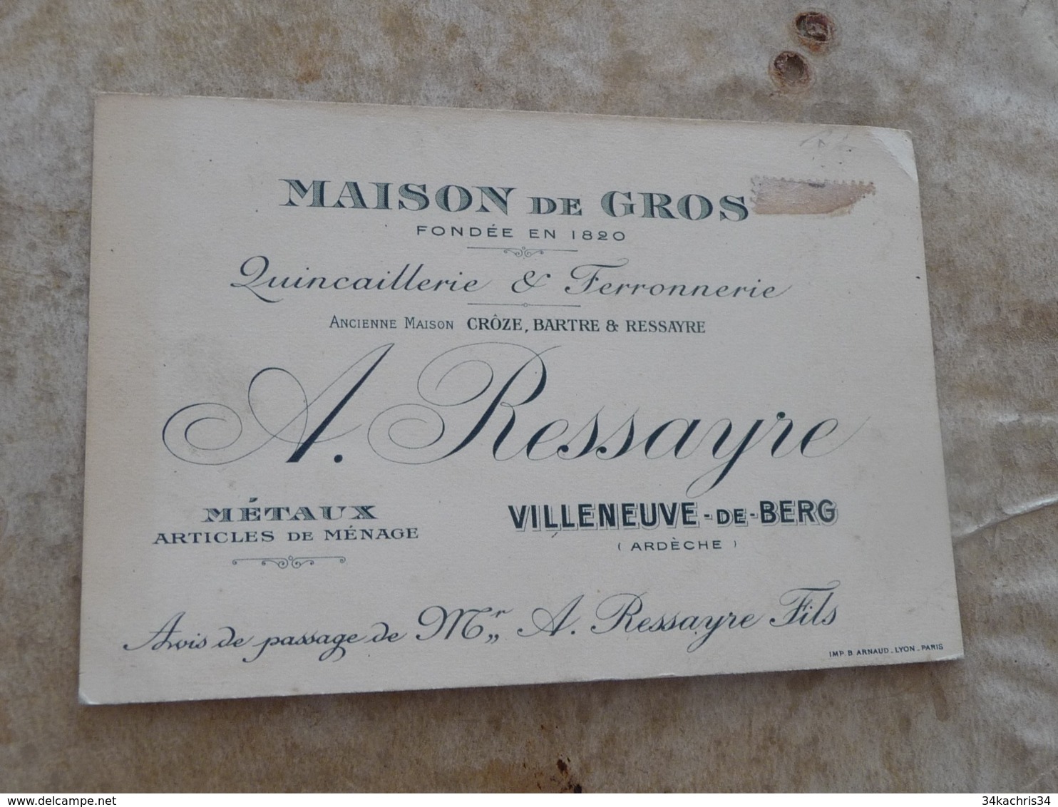 Carte De Visite CDV Pub Publicitaire   Ardèche Ressayre Villneuve De Berg Quincaillerie Ferronnerie - Cartoncini Da Visita