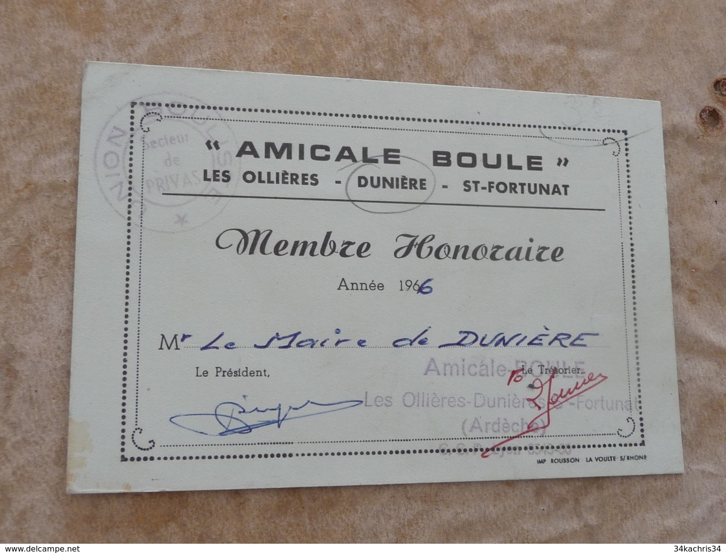 Carte De Membre Amicale Boule Ardèche Les Ollières Dunière Saint Fortunat - Pétanque