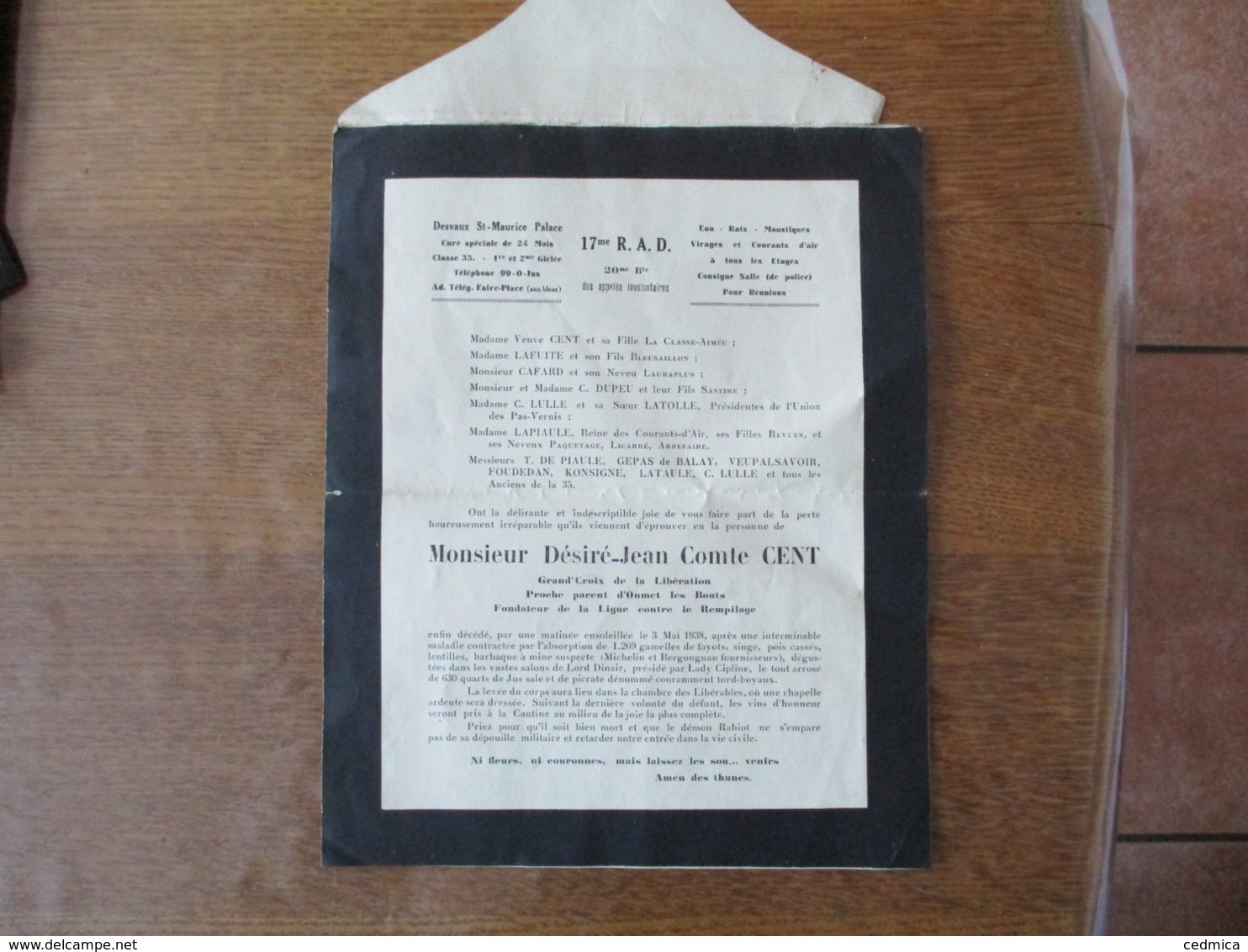 Monsieur Désiré-Jean Comte CENT 17me R.A.D. 20me Bie CLASSE 35 DESVAUX St MAURICE - Documents