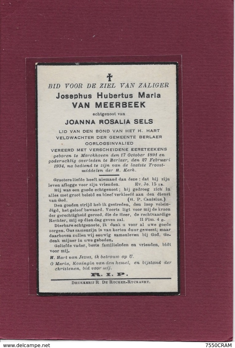 JOSEPHUS VAN MEERBEEK-SELS :  MORKHOVEN-BERLAAR-VELDWACHTER-POLITE-RIJKSWACHT-GENDARMERIE - Overlijden