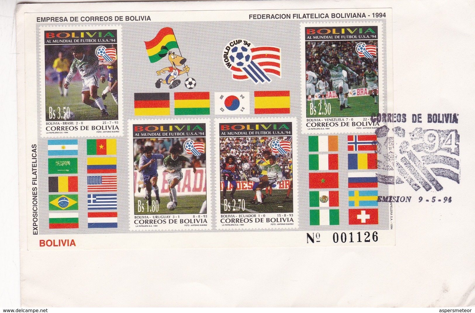 BOLIVIA - FIFA WORLD CUP '94, COPA MUNDIAL DE FUTBOL, FOOTBALL. 1994 FDC WITH BLOCK, SOBRE PRIMER DIA CON HOJA -LILHU - Bolivie