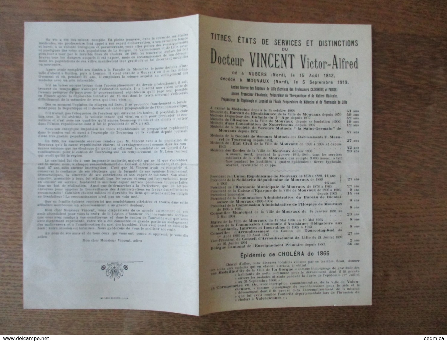 DOCTEUR  VINCENT VICTOR-ALFRED NE A AUBERS LE 15 AOUT 1842 DECEDE A MOUVEAUX LE 5 SEPTEMBRE 1919 TITRES ETATS DE SERVIC - Documenti Storici