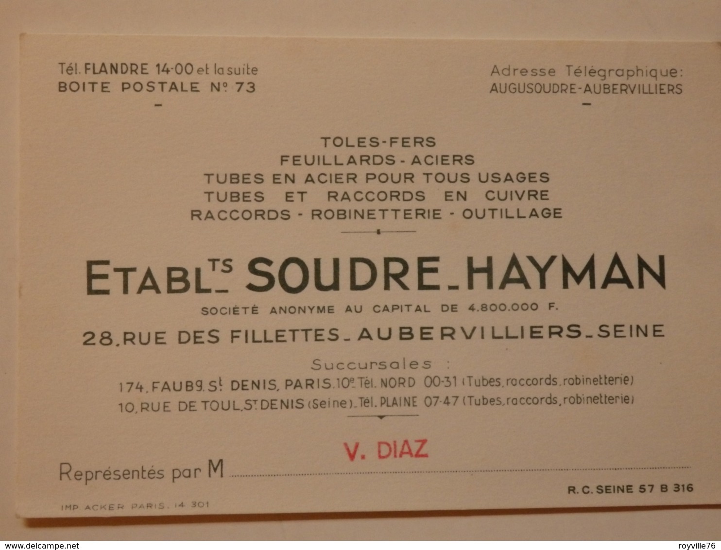 Carte De Visite Ets Soudre-Hayman 28, Rue Des Fillettes à Aubervilliers (93). - Cartoncini Da Visita