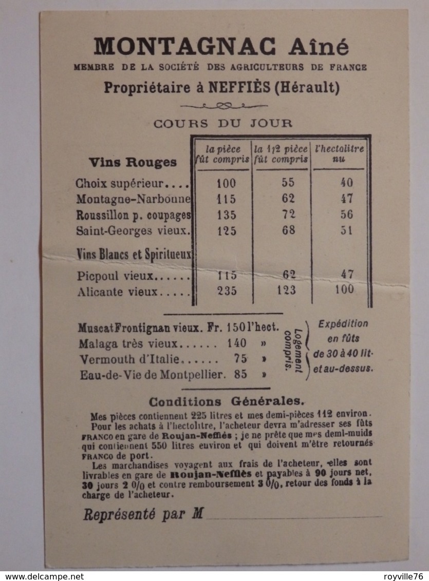 Carte De Visite Et Tarif Des Ets Montagnac Aîné à Neffiès (Hérault). - Visitenkarten