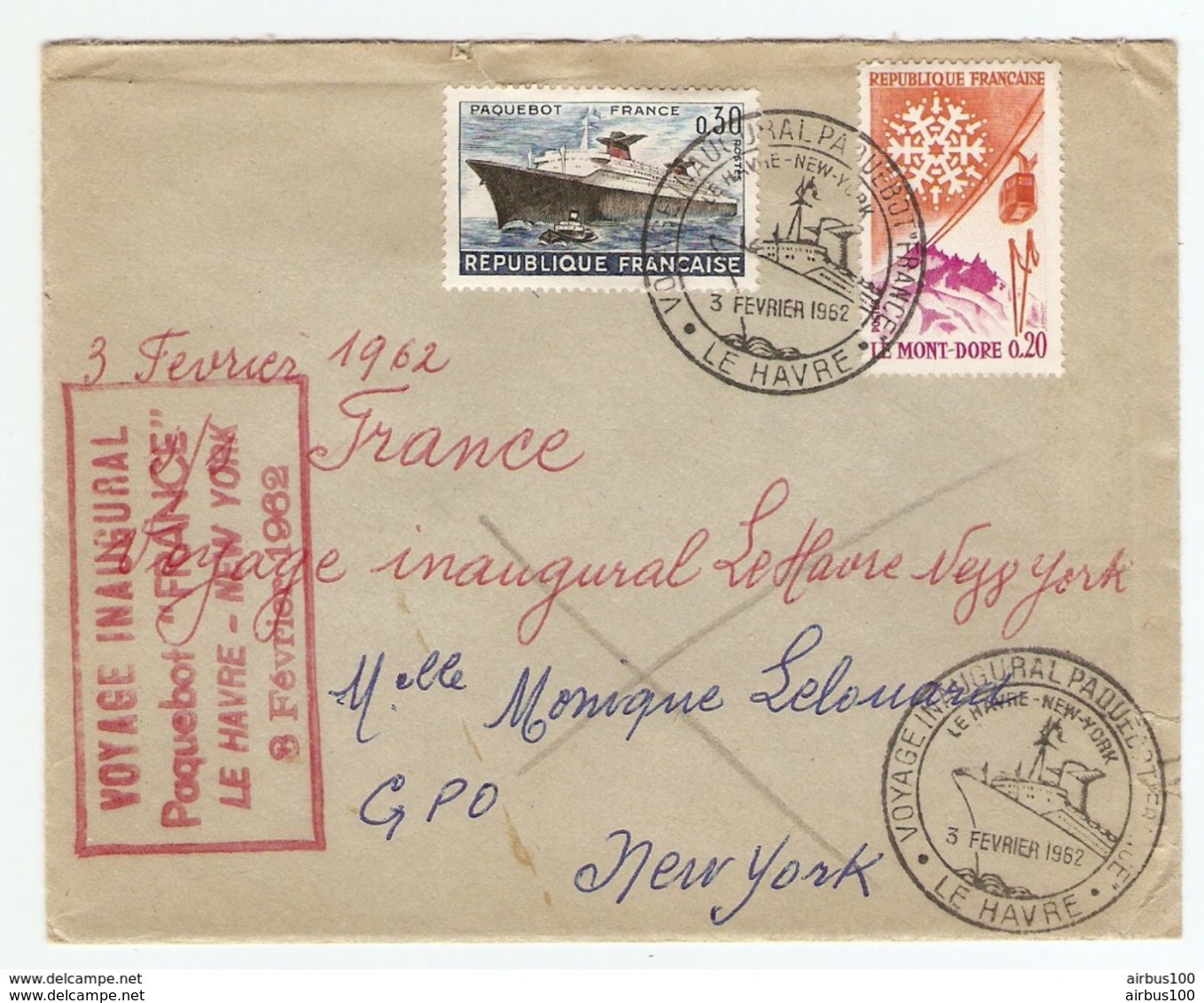 LETTRE 3 FÉVRIER 1962 VOYAGE INAUGURAL PAQUEBOT FRANCE LE HAVRE NEW YORK - Y & T 1325 + 1306 -  CàD NEW YORK 6 FÉV 1962 - 1961-....