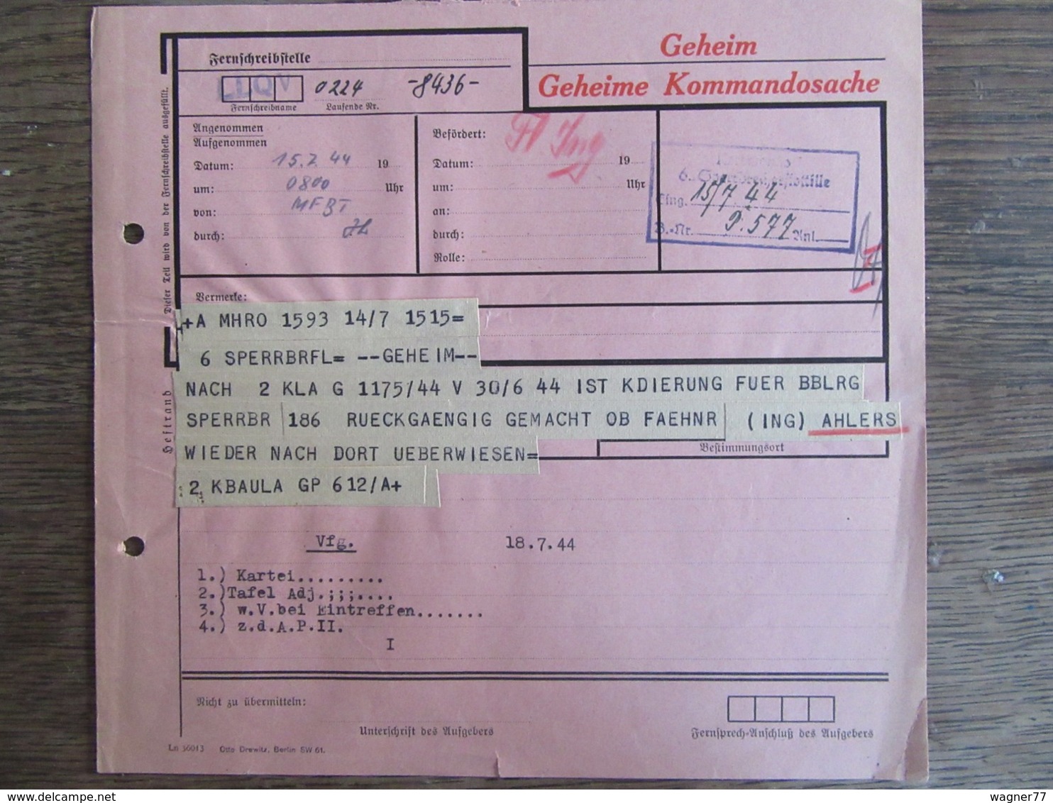 Geheime Kommandosache Kriegsmarine Telegramm 1944 - Briefe U. Dokumente