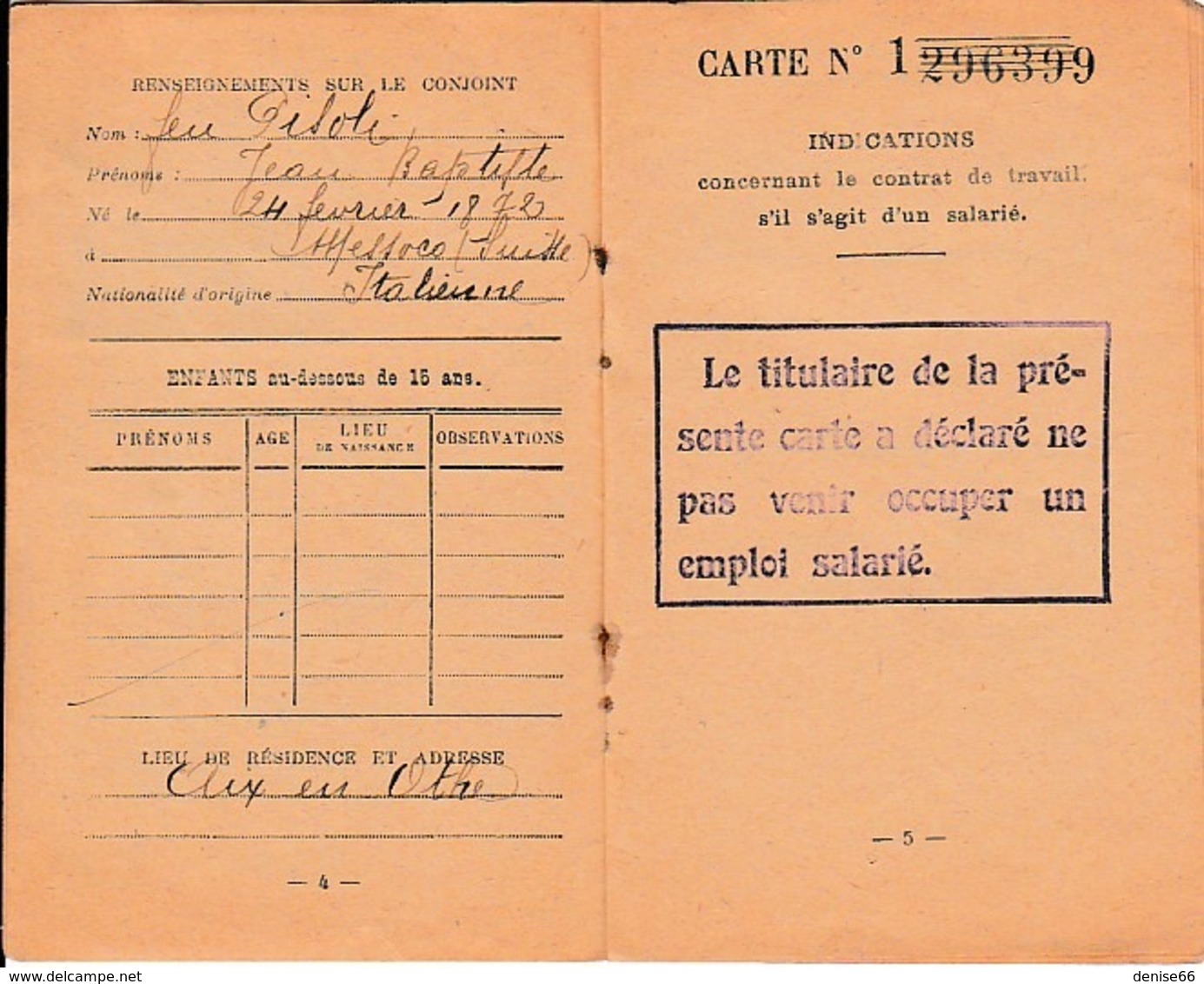 1927 - AIX-en-OTHE (10) - CARTE D’IDENTITÉ Pour Une Femme Italienne - - Historical Documents