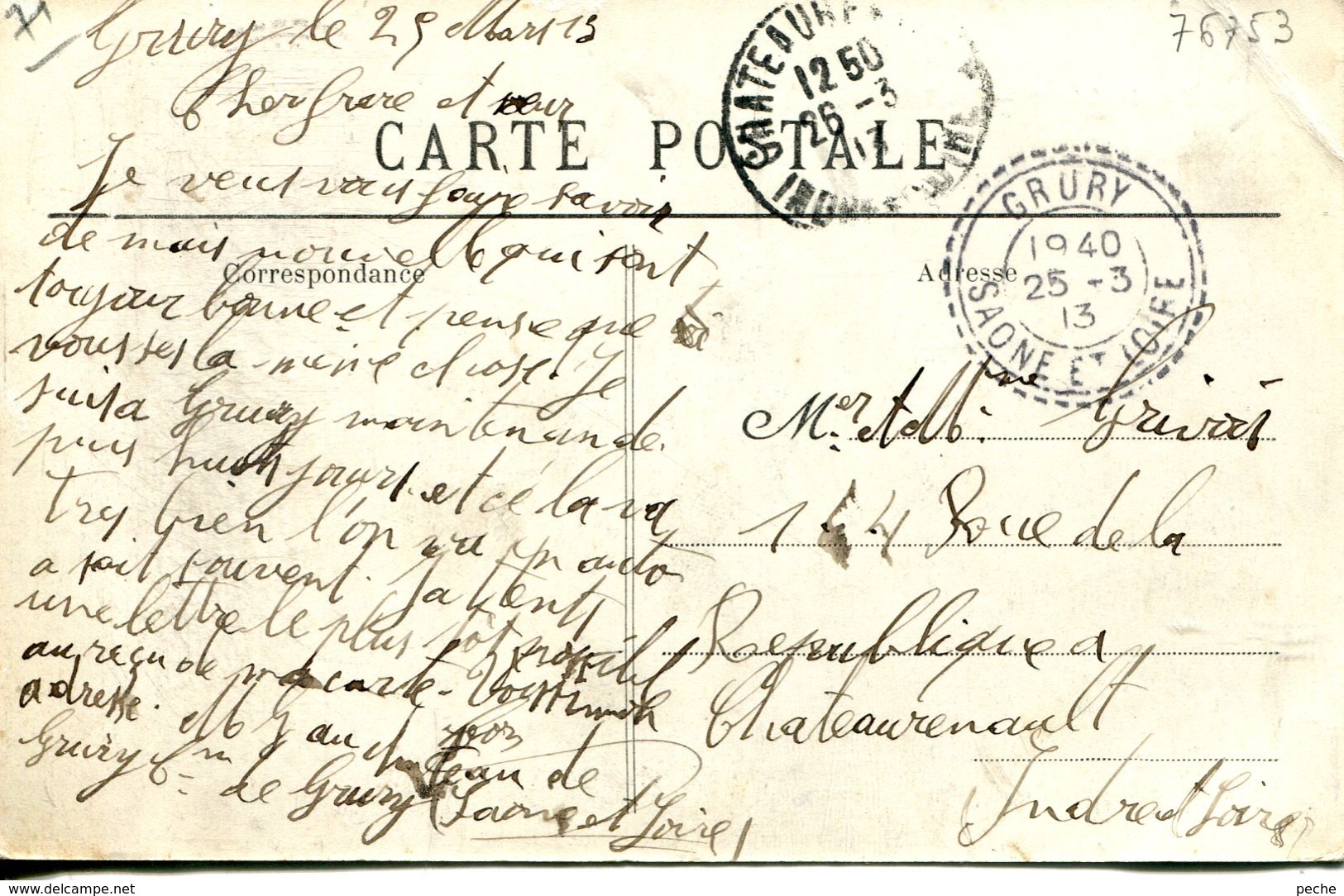 N°76753 -cachet Double Cercle Pointillé De Grury (Saône Et Loire) -1913- - Bolli Manuali