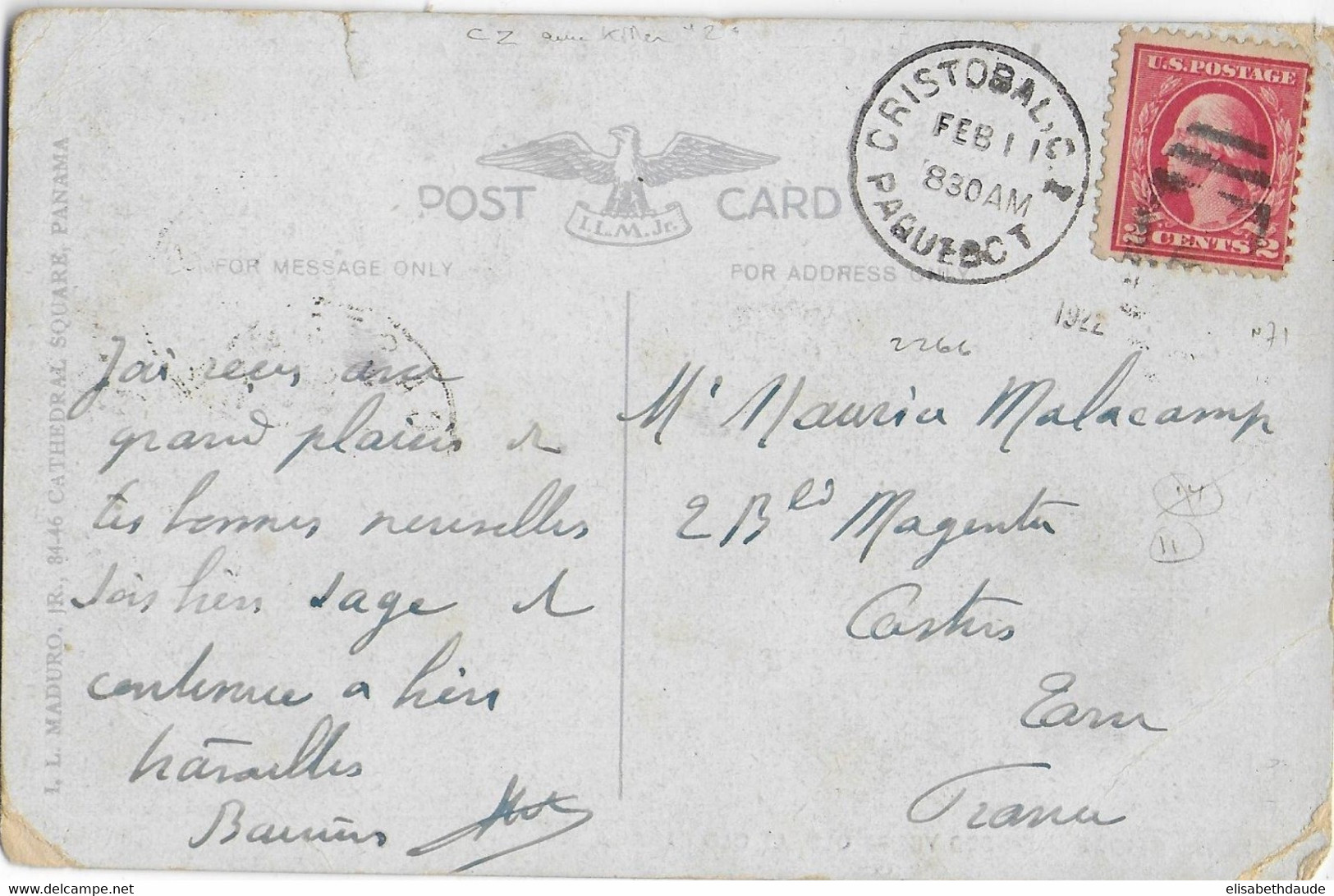 1922 - MARITIME - CANAL PANAMA - CP De CRISTOBAL PAQUEBOT !! Sur TP US => CASTRES (TARN) - Zona Del Canal