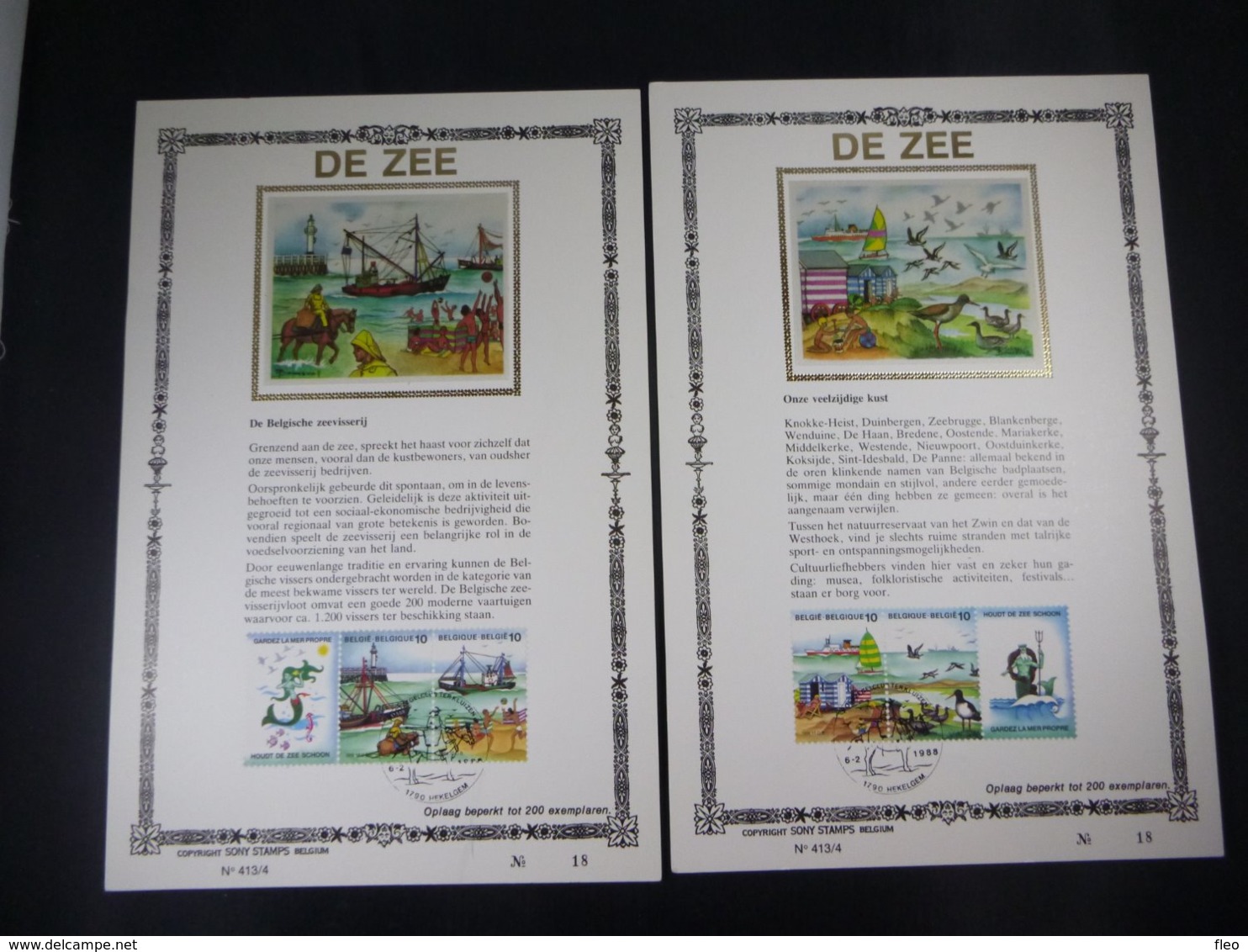 BELG.1988 2273/2276 FDC Filatelic Cards NL ,zijde & Gouden Letters ,oplage 200 Ex !  : "DE ZEE" - 1981-1990