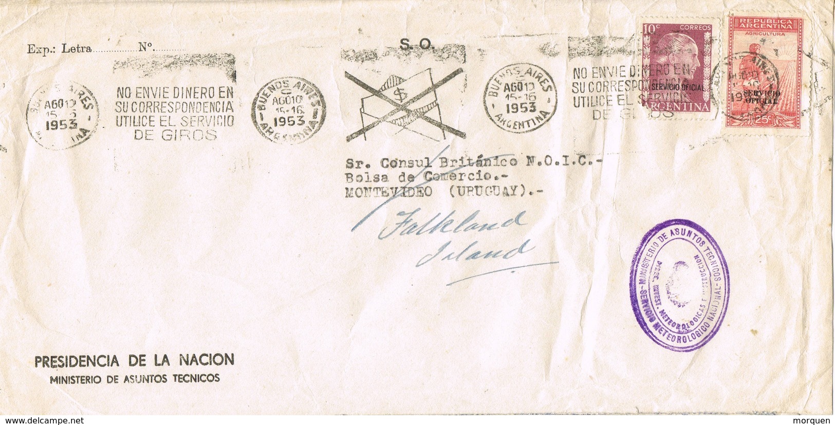 34683. Carta S.O. BUENOS AIRES (Argentina) 1953. Servicio Meteorologico. REEXPEDIDA - Cartas & Documentos